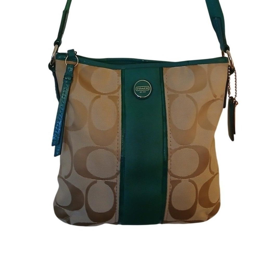 Coach Signature File Bag Khaki Teal Patent Leather Crossbody F21905 Womens